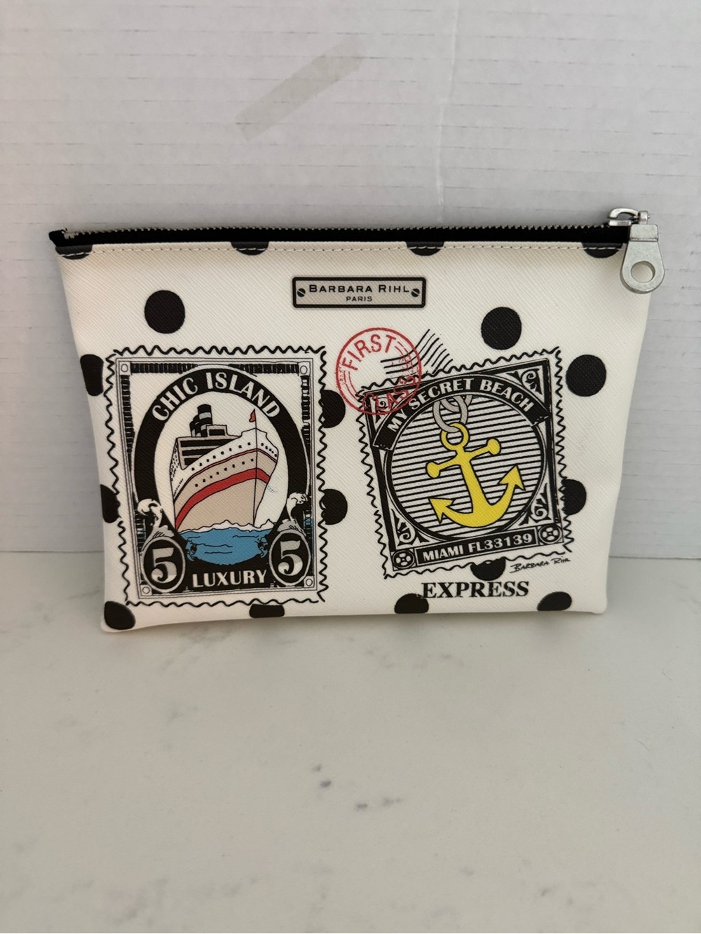Barbara Rihl White Polka Dot Nautical Cosmetic Pouch